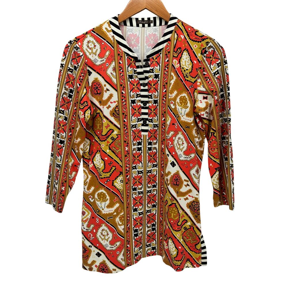 J McLaughlin Blouse Womens Small Popover 3/4 Sleeve Orange White Red V-Neck